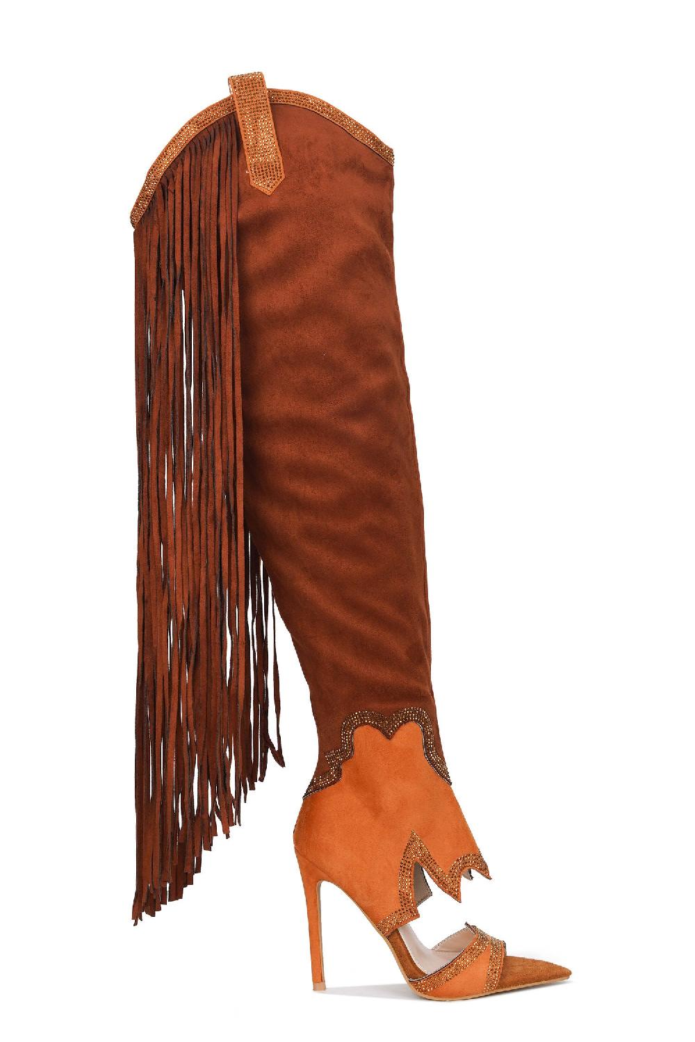 Cape Robbin Yura Fringe Rhinestones Over-the-Knee Boots - Brown