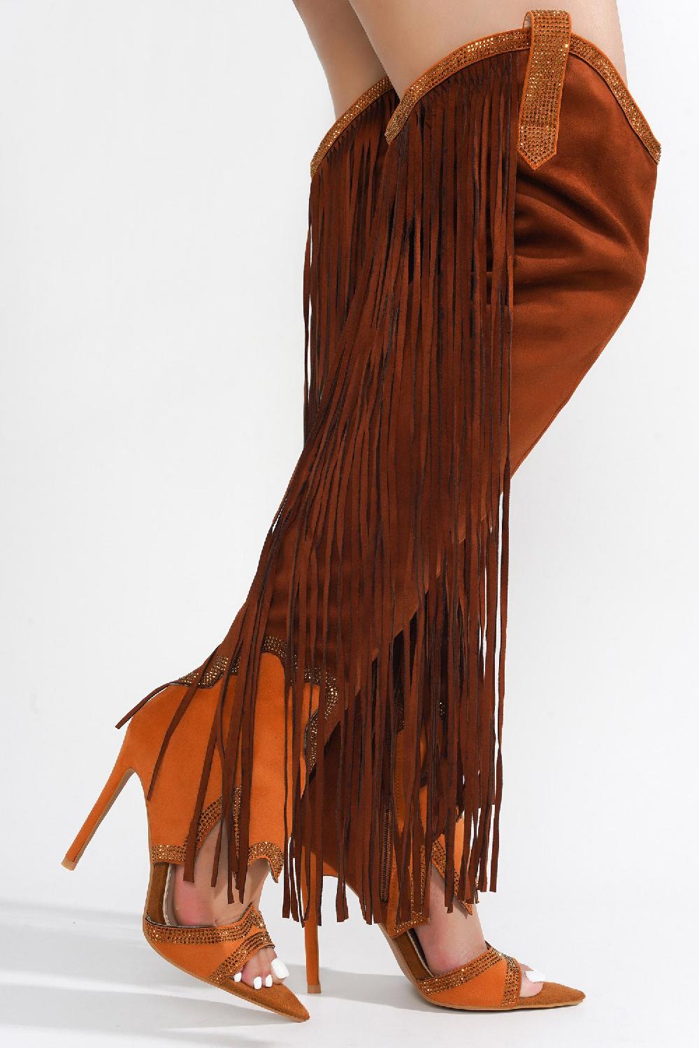 Cape Robbin Yura Fringe Rhinestones Over-the-Knee Boots - Brown