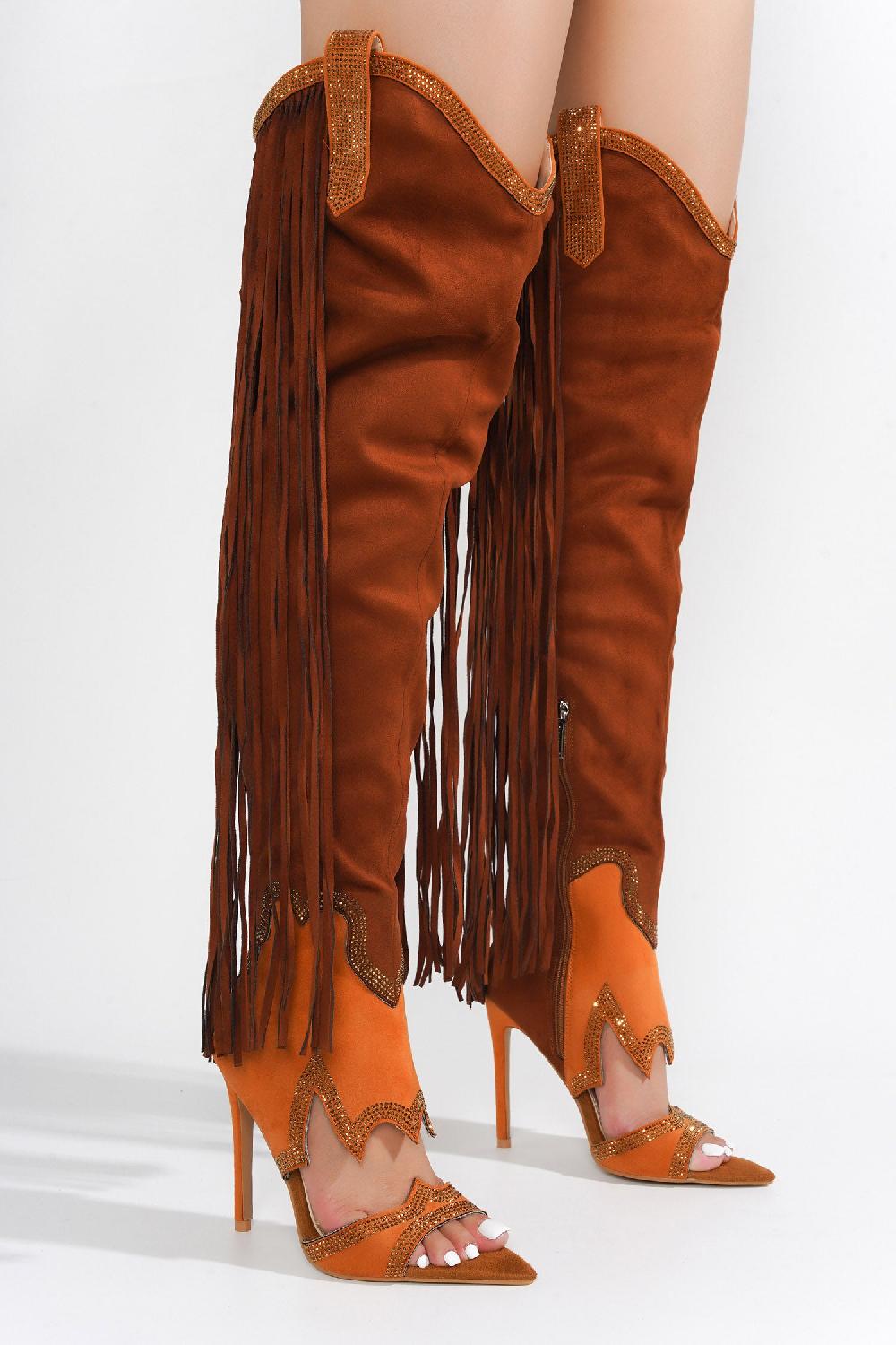 Cape Robbin Yura Fringe Rhinestones Over-the-Knee Boots - Brown