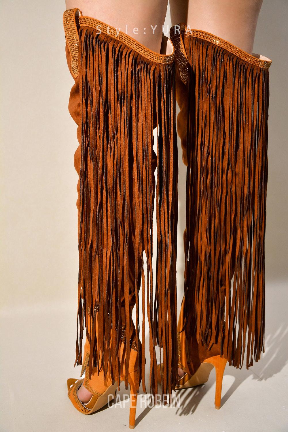 cape robbin Yura Fringe Rhinestones Over-the-Knee Boots - Brown