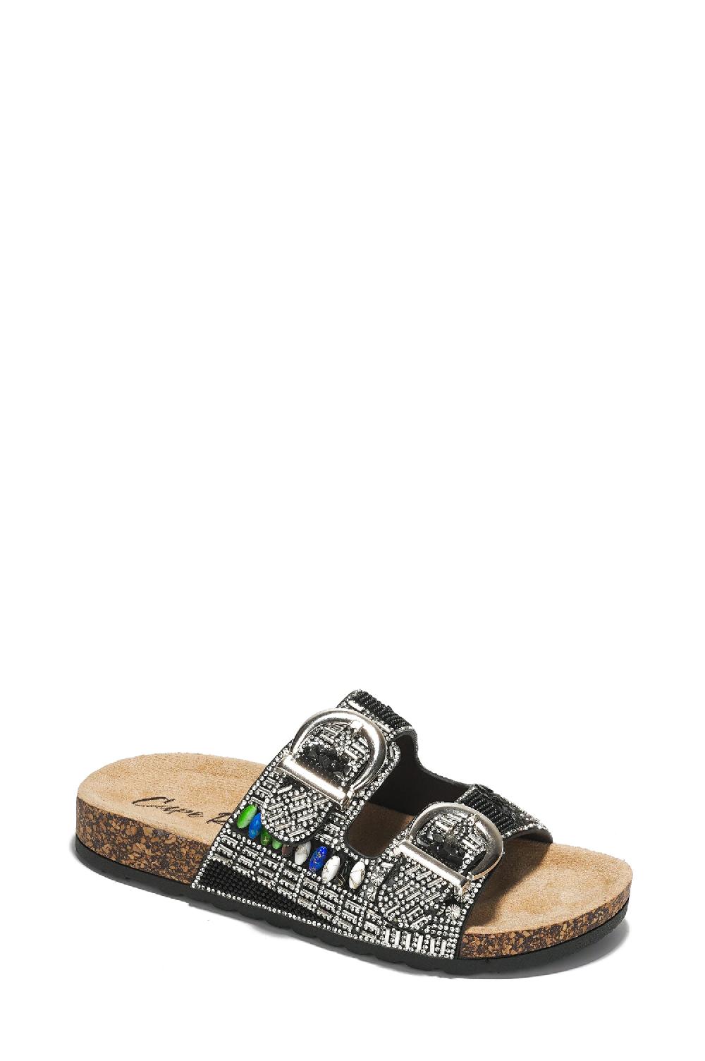 Cape Robbin Zarla Rhinestone Buckle Open Cork Sandals - Black