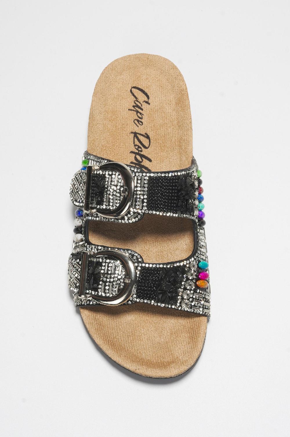 Cape Robbin Zarla Rhinestone Buckle Open Cork Sandals - Black
