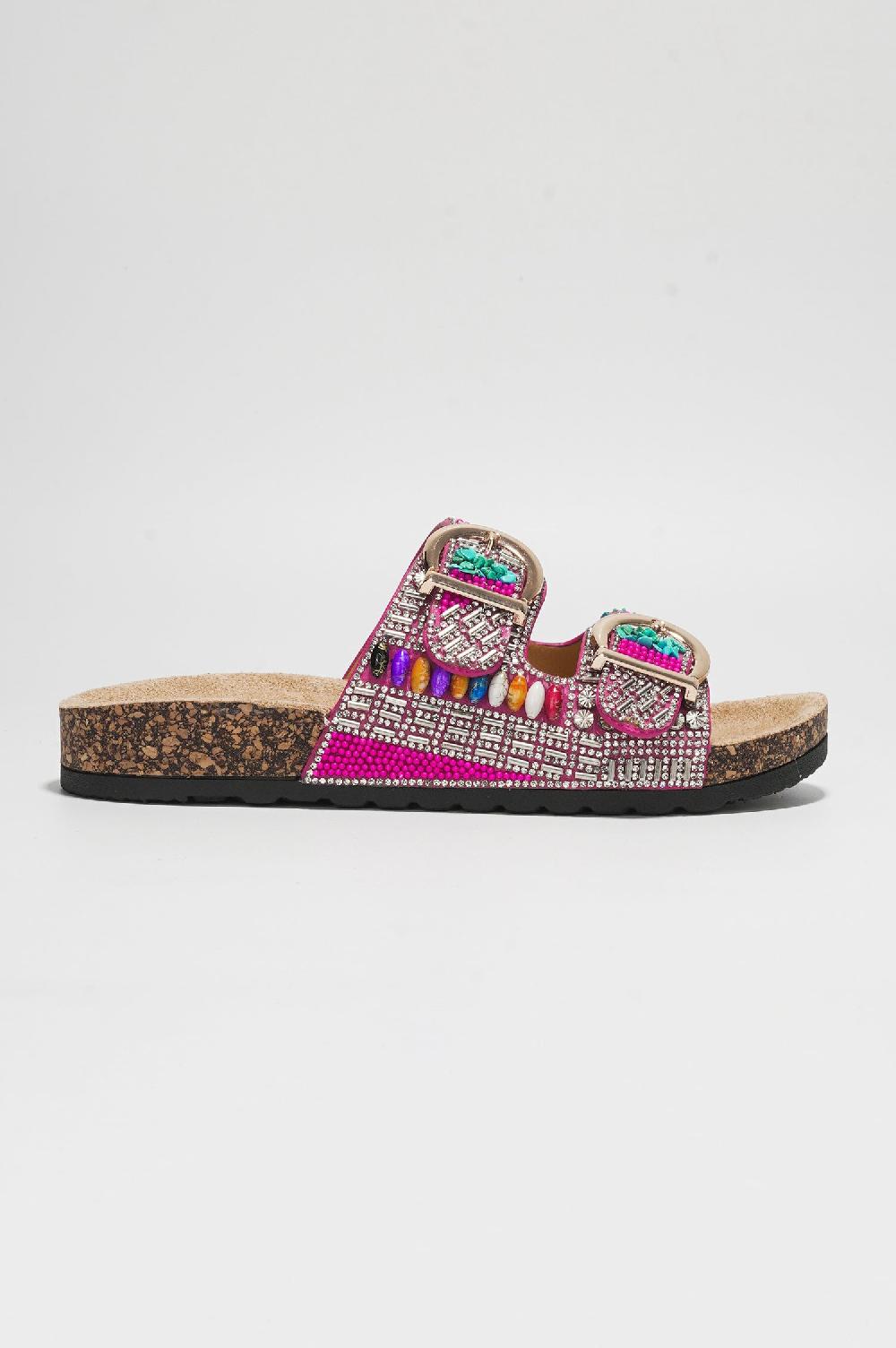 Cape Robbin Zarla Rhinestone Buckle Open Cork Sandals - Pink