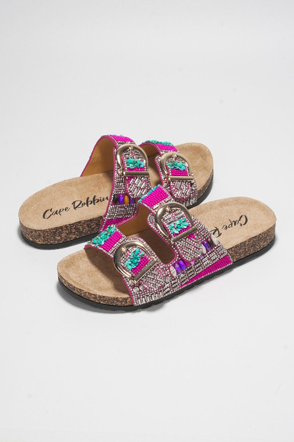 Cape Robbin Zarla Rhinestone Buckle Open Cork Sandals - Pink