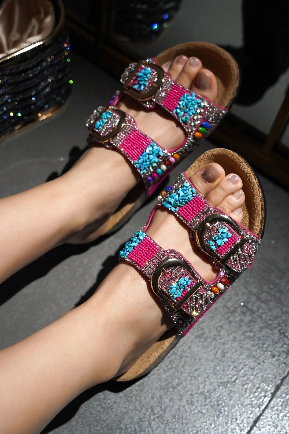 cape robbin Zarla Rhinestone Buckle Open Cork Sandals - Pink