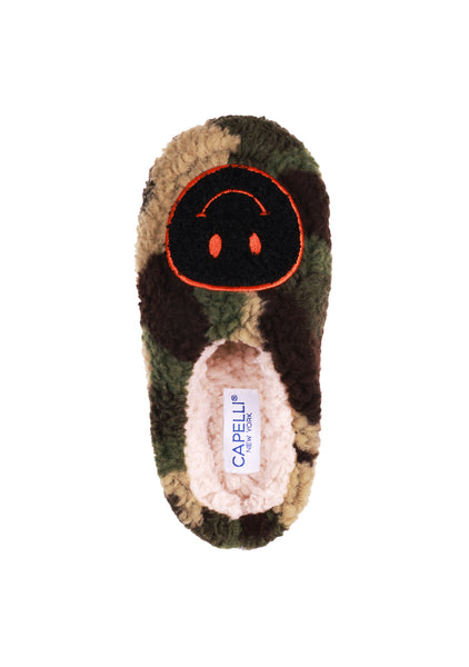 Capelli New York Boys Camo Faux Berber Scuff With Smiley Face Applique
