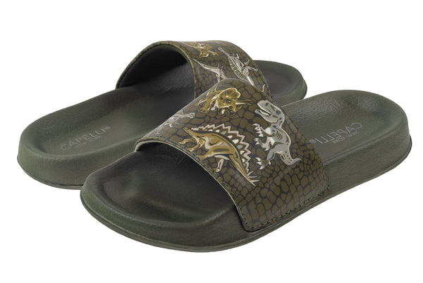 Capelli New York Boys Faux Leather Dino Printed Slides