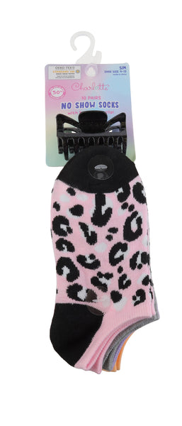 Capelli New York Charlotte Girls Cheetah Print 10 Pack No Show Socks With Bonus Claw Clip