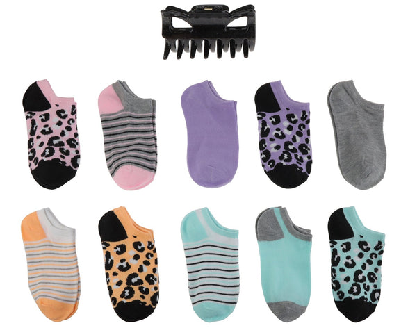 capelli new york Charlotte Girls Cheetah Print 10 Pack No Show Socks with Bonus Claw Clip