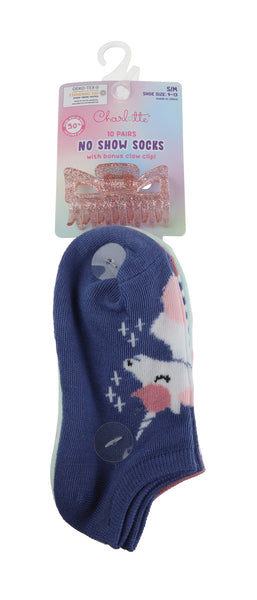 Capelli New York Charlotte Girls Pretty Unicorn 10 Pack No Show Socks With Bonus Claw Clip