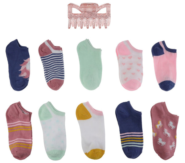 capelli new york Charlotte Girls Pretty Unicorn 10 Pack No Show Socks with Bonus Claw Clip
