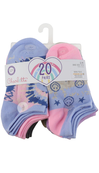 Capelli New York Charlotte Girls Smiley Tie Dye 20pk No Show Socks