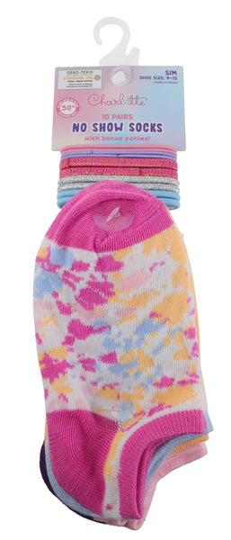 Capelli New York Charlotte Girls Tie Dye 10pk No Show Socks With Bonus Elastic Ponies