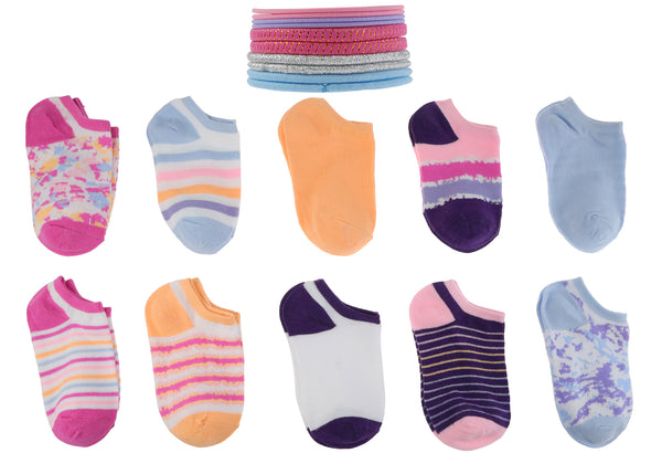 capelli new york Charlotte Girls Tie Dye 10pk No Show Socks with Bonus Elastic Ponies