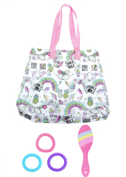 Capelli New York Cool Girly Stickers Printed Jelly Tote With Webbed Handle Hairbrush And Hair Coils