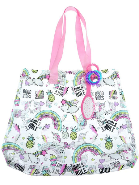 capelli new york Cool Girly Stickers Printed Jelly Tote with Webbed Handle Hairbrush and Hair Coils capelli new york Cool Girly Stickers Printed Jelly Tote with Webbed Handle Hairbrush and Hair Coils