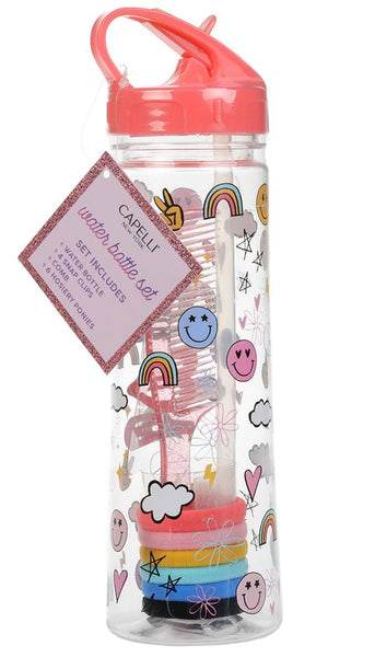 Capelli New York Fun Icons Water Bottle Set With 4 Snap Clips Comb & Ponies