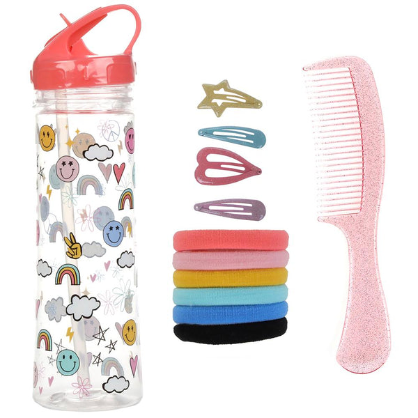capelli new york Fun Icons Water Bottle Set with 4 Snap Clips Comb & Ponies
