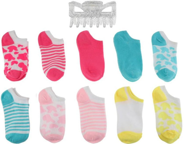 capelli new york Girls Cow Print 10 Pack No Show Socks with Bonus Claw Clip capelli new york Girls Cow Print 10 Pack No Show Socks with Bonus Claw Clip