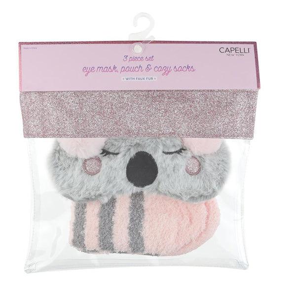 capelli new york Girls Furry Koala Pouch Set with Striped Cozy Socks & Eye Mask