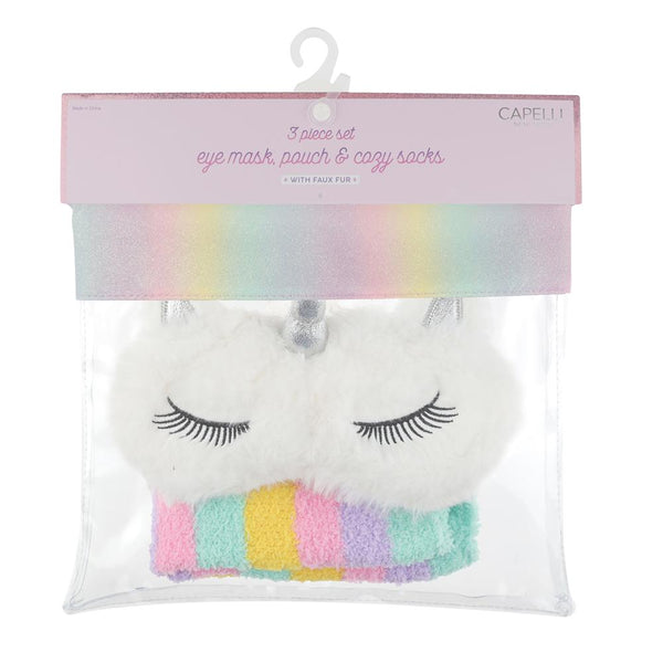 capelli new york Girls Rainbow Unicorn Pouch Set with Stripped Cozy Socks & Eye Mask
