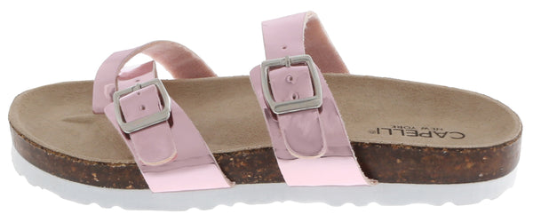 Capelli New York Girls Shiny Metallic Criss Cross Double Strap Slip-On Sandal
