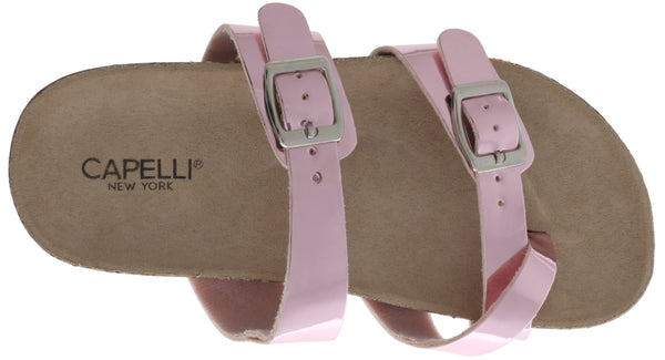 Capelli New York Girls Shiny Metallic Criss Cross Double Strap Slip-On Sandal