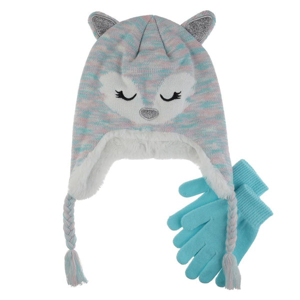 capelli new york Girls Sleepy Fox Earflap Hat and Gloves 2pc. Set