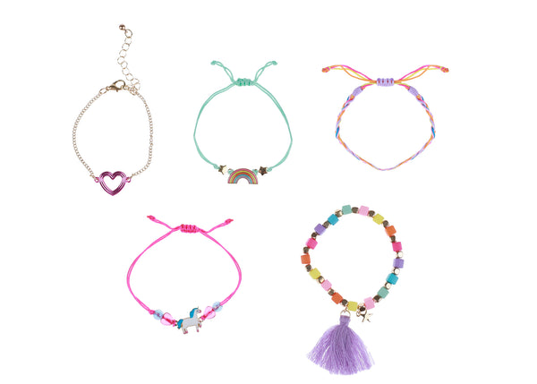 Capelli New York Kid's 5pc Mixed Bracelet Set With Rainbow Unicorn Heart Icons And Tassel