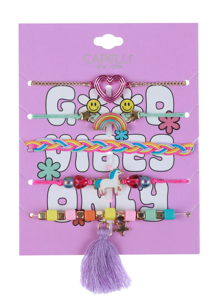 capelli new york Kid's 5pc Mixed Bracelet Set with Rainbow Unicorn Heart Icons and Tassel