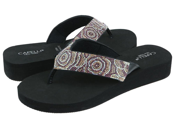 Capelli New York Ladies Black Tonal Gem Trimmed Wedge Flip Flop
