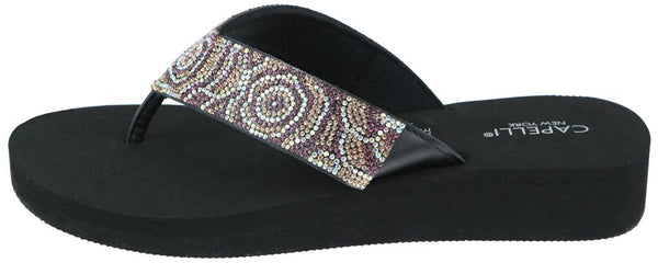 Capelli New York Ladies Black Tonal Gem Trimmed Wedge Flip Flop