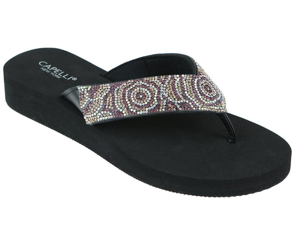 capelli new york Ladies Black Tonal Gem Trimmed Wedge Flip Flop