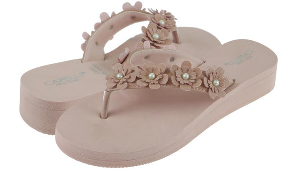 Capelli New York Ladies Blush Faux Suede Floral Wedge Flip Flop