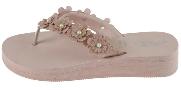 Capelli New York Ladies Blush Faux Suede Floral Wedge Flip Flop