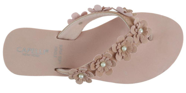 Capelli New York Ladies Blush Faux Suede Floral Wedge Flip Flop