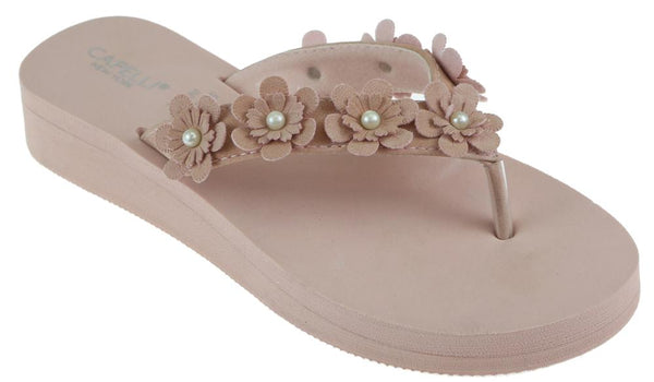capelli new york Ladies Blush Faux Suede Floral Wedge Flip Flop