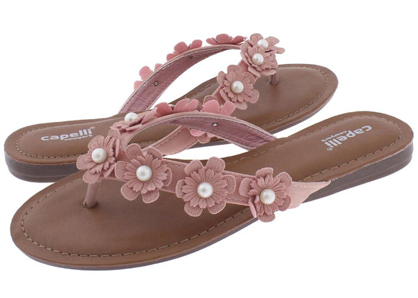 Capelli New York Ladies Blush Flowers With Pearl Trim Flip Flop