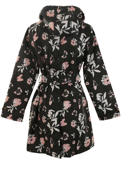 Capelli New York Ladies Butterfly Floral Printed Mid-Length Basic Rain Coat With Removable Hood