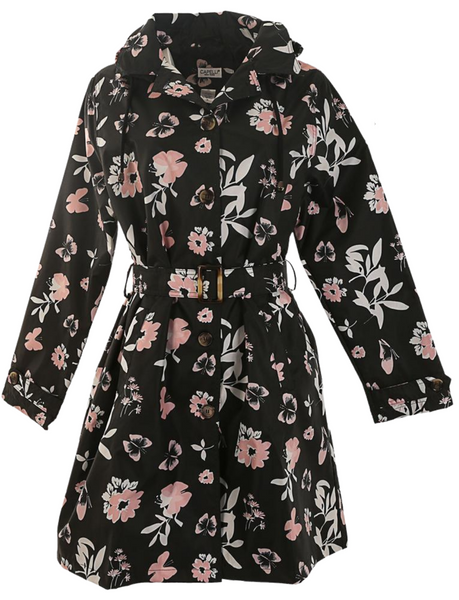 capelli new york Ladies Butterfly Floral Printed Mid-Length Basic Rain Coat with Removable Hood