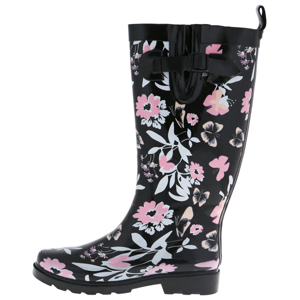 Capelli New York Ladies Butterfly Floral Tall Rubber Rain Boot