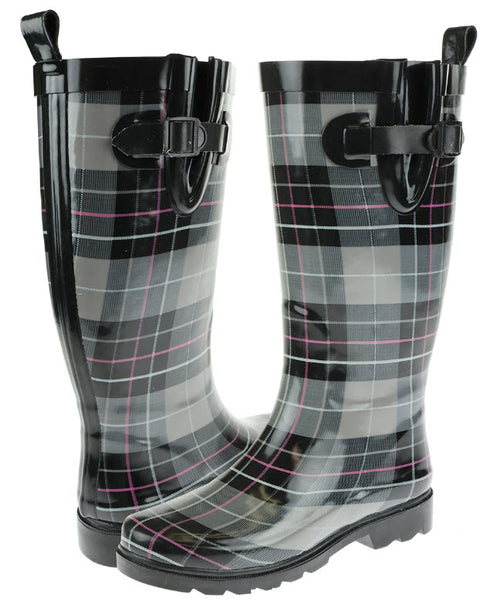 Capelli New York Ladies Check Printed Tall Rubber Rain Boot