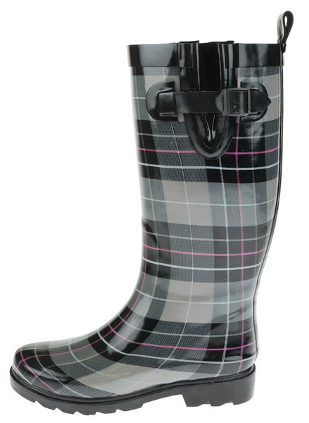 Capelli New York Ladies Check Printed Tall Rubber Rain Boot