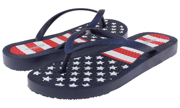 Capelli New York Ladies Fashion Flip Flops With American Flag Print And Glitter Trim