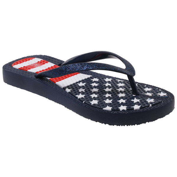 capelli new york Ladies Fashion Flip Flops with American Flag Print and Glitter Trim