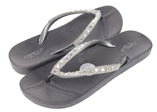 Capelli New York Ladies Fashion Flip Flops With Gem And Rhinestone Trim