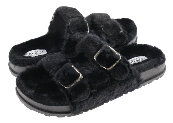 Capelli New York Ladies Faux Fur Double Strap Slide