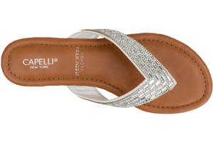 Capelli New York Ladies Faux Leather Fashion Flip Flops With Multi Row Tonal Gem Trim