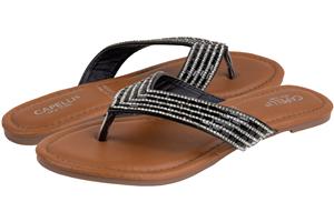 Capelli New York Ladies Faux Leather Fashion Flip Flops With Multi Row Tonal Gem Trim