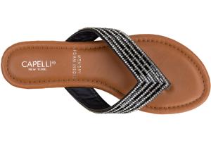 Capelli New York Ladies Faux Leather Fashion Flip Flops With Multi Row Tonal Gem Trim